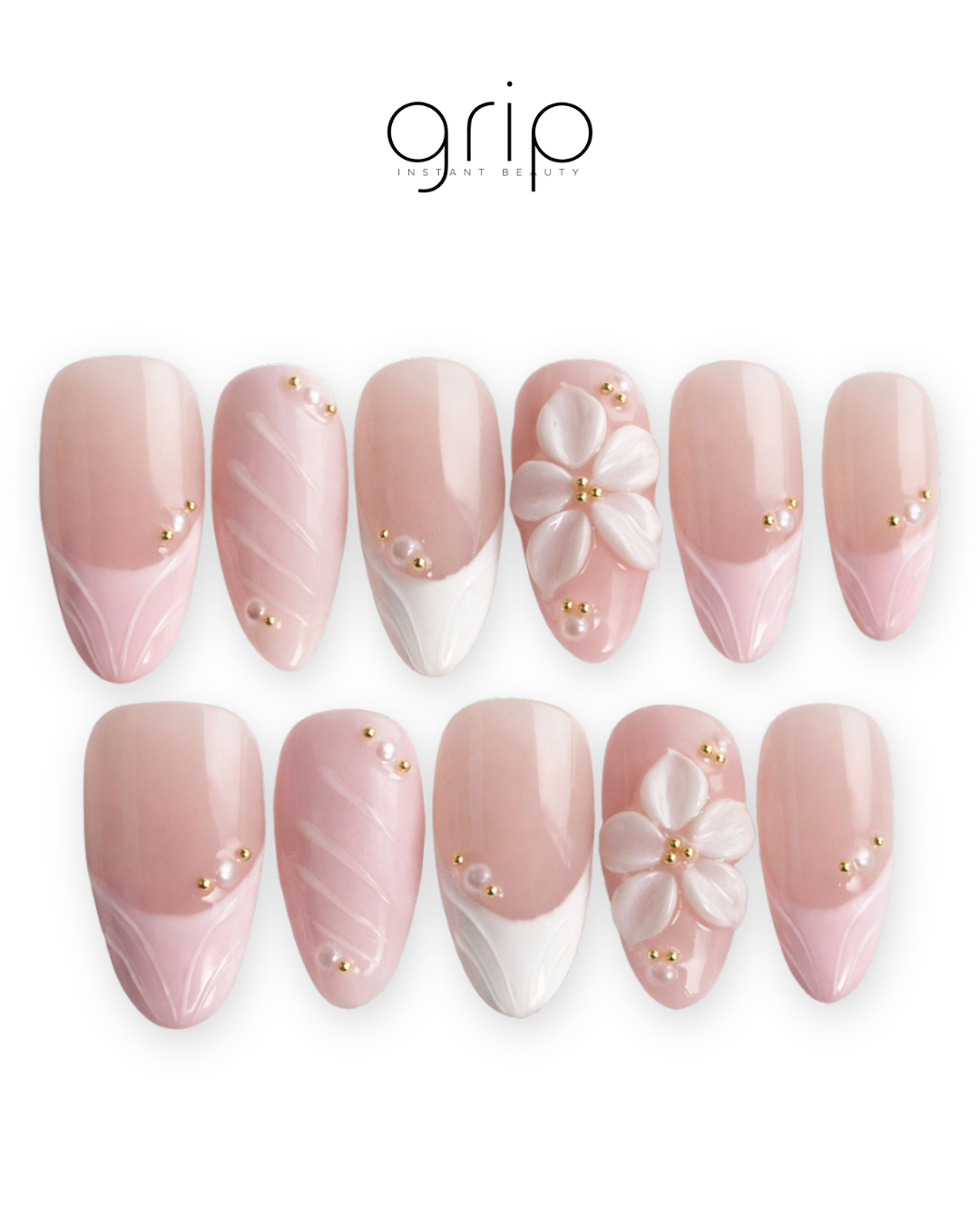 Luxe - Short Almond French 3D Flower Nails